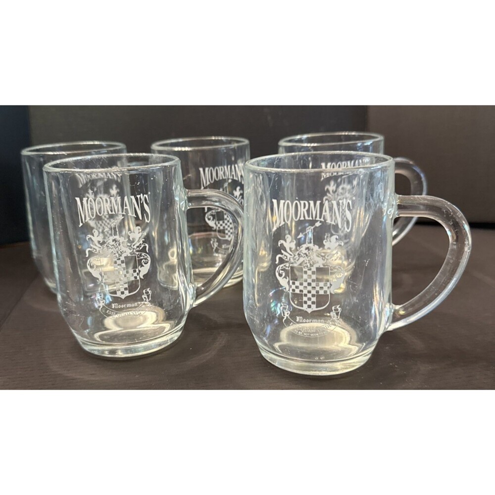 Set of 5 Monmouth Clear Glass Coffee Mug Moormans Feed Vintage Logo Collectible